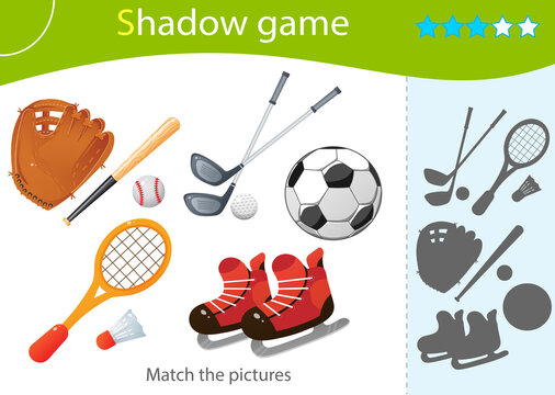 Shadow Game for kids. Match the right shadow. Color images of sports equipment. Baseball, Golf, soccer, badminton, skate. Worksheet vector design for children