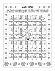 Math maze and coloring page with gingerbread man cookie: Make a path by drawing a line through the boxes that have sum of 100.
