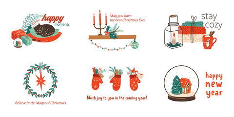 Hand drawn illustrations with decorative Christmas and Happy new year festive elements and quotes. New Year and Christmas cards set with lettering. christmas labels collection