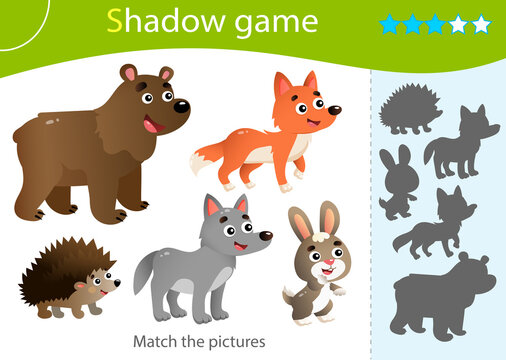 Shadow Game for kids. Match the right shadow. Color images of wild animals. Bear, Wolf, Hedgehog, Hare, Fox. Worksheet vector design for children and for preschoolers.