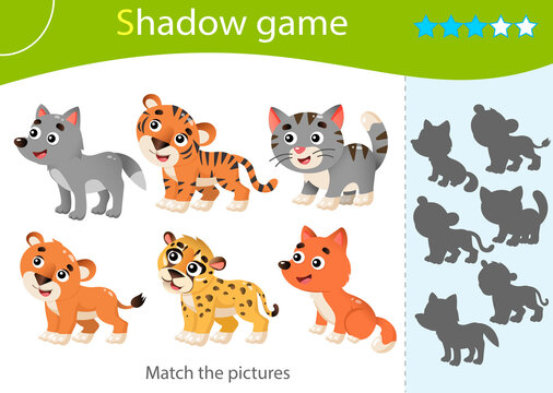 Shadow Game for kids. Match the right shadow. Color images of baby animals. Little cat, wolf, lion, tiger, cheetah, fox. Worksheet vector design for children and for preschoolers.