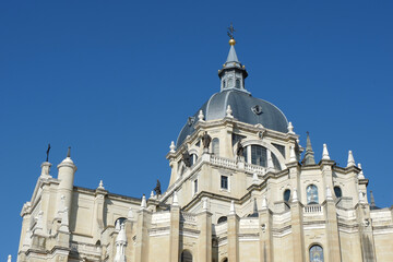 Top of La Almudena Cathedral, Roman Catholic church in Madrid, Spain. Gothic architectural style