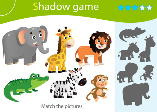 Shadow Game for kids. Match the right shadow. Color images of animals of Africa. Zebra, crocodile, giraffe, monkey, lion, elephant. Worksheet vector design for children