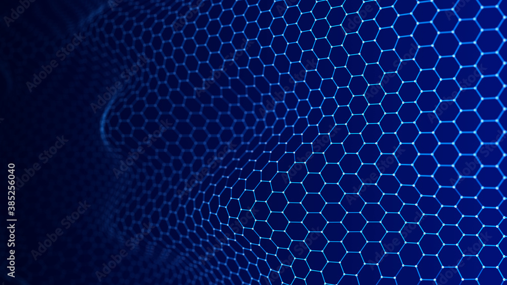 Poster abstract dynamic wave of points and lines. hexagon. big data. network of particles. digital backgrou