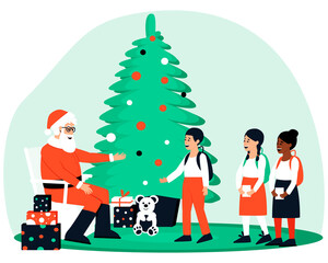 Happy children came to visit Santa Klaus. Santa sits near the Christmas tree and gifts and waits for guests. Boys and girls are waiting in line to see Santa Claus. Flat vector illustration.
