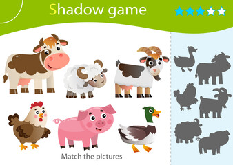 Obraz na płótnie Canvas Shadow Game for kids. Match the right shadow. Color images of farm animals. Cow, sheep, duck or Drake, pig, chicken, goat. Worksheet vector design for children