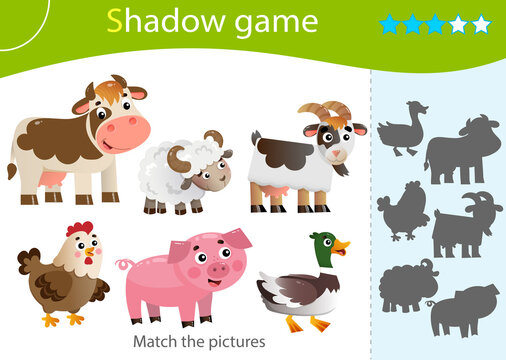 Shadow Game for kids. Match the right shadow. Color images of farm animals. Cow, sheep, duck or Drake, pig, chicken, goat. Worksheet vector design for children