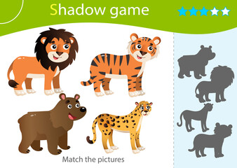Obraz na płótnie Canvas Shadow Game for kids. Match the right shadow. Color images of wild animals. Bear, Lion, Tiger, Cheetah. Worksheet vector design for children and for preschoolers.