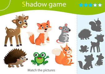 Naklejka premium Shadow Game for kids. Match the right shadow. Color images of wild animals. Hedgehog, fox, frog, mouse, squirrel, deer. Worksheet vector design for children
