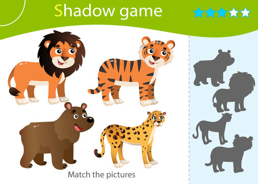 Shadow Game for kids. Match the right shadow. Color images of wild animals. Bear, Lion, Tiger, Cheetah. Worksheet vector design for children and for preschoolers.