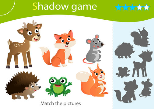 Shadow Game for kids. Match the right shadow. Color images of wild animals. Hedgehog, fox, frog, mouse, squirrel, deer. Worksheet vector design for children
