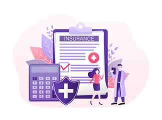 Vector illustration with health insurance concept. Big clipboard with doctor and woman. Healthcare, finance and medical service. Vector illustration in flat style.