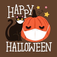 Halloween 2020 coronavirus greeting card with black cat and pumpkin in white medical face masks. Concept of coronavirus people lifestyle, holiday celebration. Vector illustration