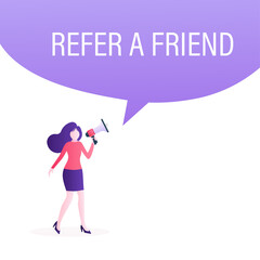 Refer a friend concept design, people share info about referral and earn money. Suitable for web landing page, mobile app, banner template. Vector Illustration.