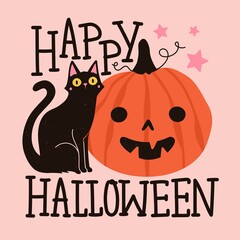 Halloween greeting card with black cat, pink stars and orange pumpkin. Happy Halloween lettering words. Vector illustration, colored typography poster with pet