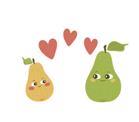 Hand drawn illustration of green and yellow pear fruit characters and three pastel red hearts isolated on white background.  Good for print, nurse textile, cloth, kids print, cards, posters etc.