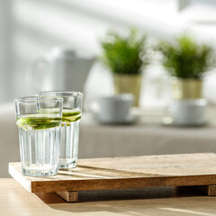 Morning wooden table in the kitchen on a beautiful sunny day