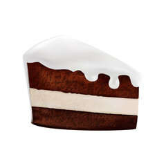 Delicious piece of chocolate cake with filling and dripping white cream. Vector illustration in a 3D mesh realistic style isolated on a white background