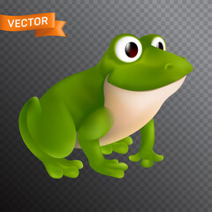 Green cartoon frog character with big eyes sitting and smiling. Vector illustration isolated on a transparent background