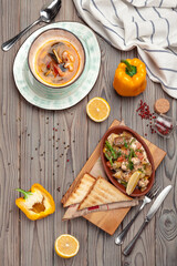 Top view of a cooked served dishes of restaurant's menu