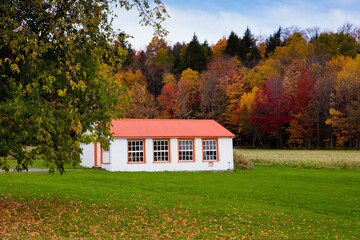 Small white and orange chicken coop against coloured trees and blue sky on the King’s Road, St-Augustin-de-Desmaures, Portneuf County, Quebec, Canada