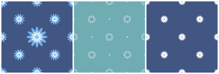 Set of seamless patterns. 3 pictures with simple colors on a blue and green background. For fabrics or textiles, bed linen and packaging. Pastel shades. Vector

