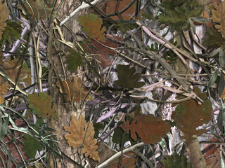 Realistic forest camouflage. Seamless pattern. Tree, branches, green and brown oak leaves. Useable for hunting and military purposes.        