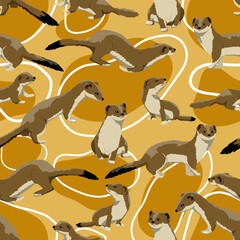 Seamless pattern. Summer-colored brown ermines. Males, females and young of Mustela erminea. Realistic vector illustration