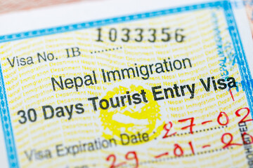 Fragment of a Nepalese visa in the passport close-up