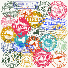 Albany New York Set of Stamps. Travel Stamp. Made In Product. Design Seals Old Style Insignia.