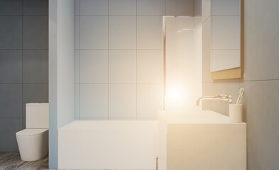 Freestanding bath with towels in grey modern bathroom. 3D rendering.. Sunset.