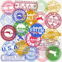 Salem Massachusetts Set of Stamps. Travel Stamp. Made In Product. Design Seals Old Style Insignia.