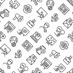 Business marketing seamless pattern with thin line icons: digital marketing, online shopping, advertising, social media, e-mail marketing, vlogging, feedback, strategy, briefcase. Vector illustration.