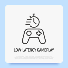 Low-latency gameplay thin line icon. Game controller with stopwatch. Vector illustration.