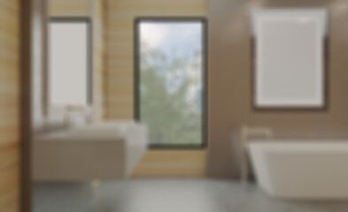 Fototapeta na wymiar Unfocused, Blur phototography. Large modern loft style bathroom. marble tile. 3D rendering.. Blank paintings. Mockup