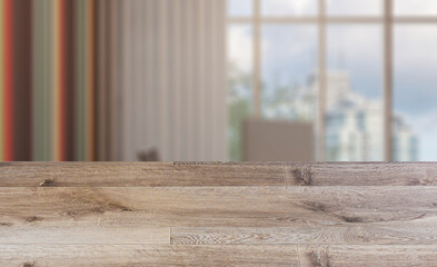 Fototapeta premium Open space office interior with like conference room. Mockup. 3D rendering.. Abstract blur phototography. wooden table on blurred background.