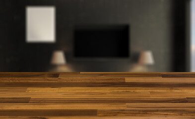 blurred interior on a wooden table background.Interior of a living room with a large window. TV weighs on the wall. Chairs on the parquet floor. Mockup.   Empty paintings. 3D rendering