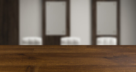 blurred interior on a wooden table background.meeting room with a large window and wood paneling on the walls. Large table and office chairs.. 3D rendering.. Blank paintings.  Mockup.