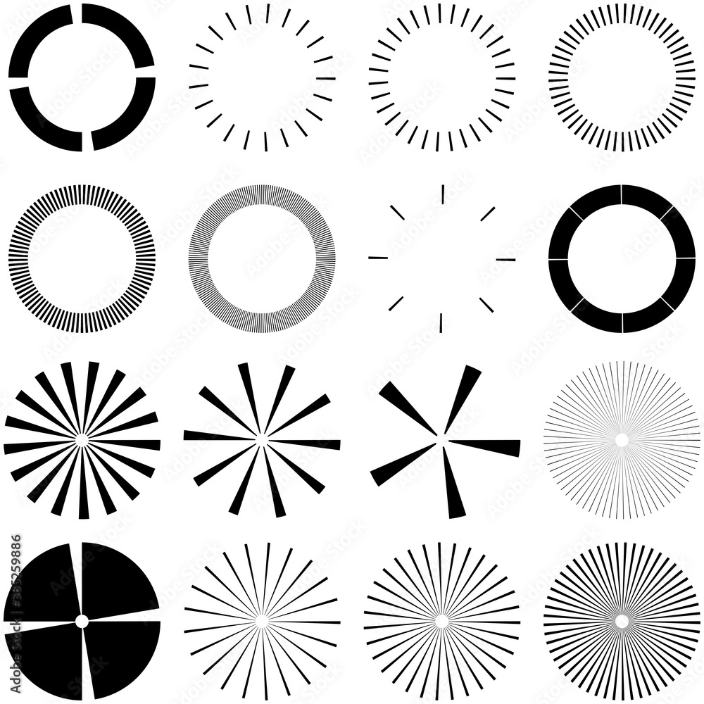 Fototapete set of circular radial, radiating lines, beams, rays. geometric circle vector illustration. cyclic l