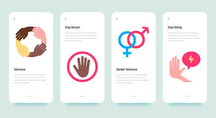 Mobile user interface with torelance flat icons: stop hating, no to racism, human equality, gender tolerance. Vector illustration, template with copy space.