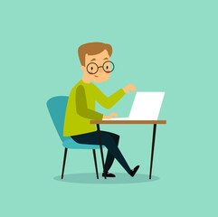 Vector cartoon writer working at the table. Writer working on laptop
