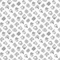 Dentist seamless pattern with thin line icons: dental instruments, caries under magnifier, orthodontics, tooth extraction, veneers, tooth whitening, implant, braces, calculus. Vector illustration.