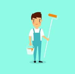 Vector cartoon painter with paint roller and bucket
