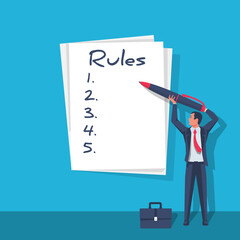 Rules concept. Businessman write in notebook regulations. Checklist with requirements. Rule list on blank. Vector illustration flat design. Isolated on white background.