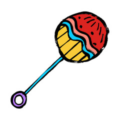 Vector rattle toy flat illustration. Baby, infant colored plastic toy drawing isolated on a white background. Children education, growth and development concept. Doodle grunge hand-drawn style.