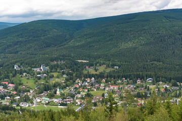 Fototapeta na wymiar Aerial view of Harrachov town in Karkonosze mountains