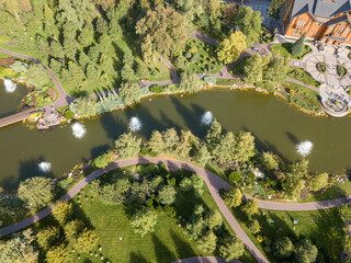 Aerial drone view. Fountains in the pond