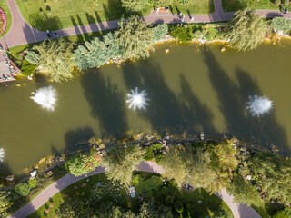 Aerial drone view. Fountains in the pond