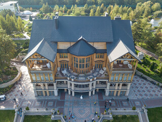 Aerial drone view. Country residence Mezhyhirya, sunny day