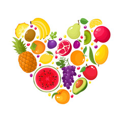 Vector banner template heart shaped with cartoon fruits.